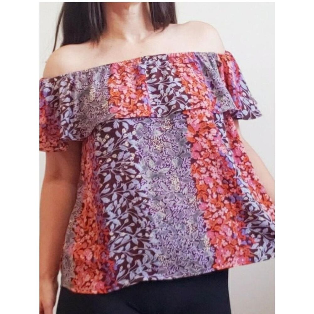 Maeve Floral Off-Shoulder Top in Pink & Purple Mix med